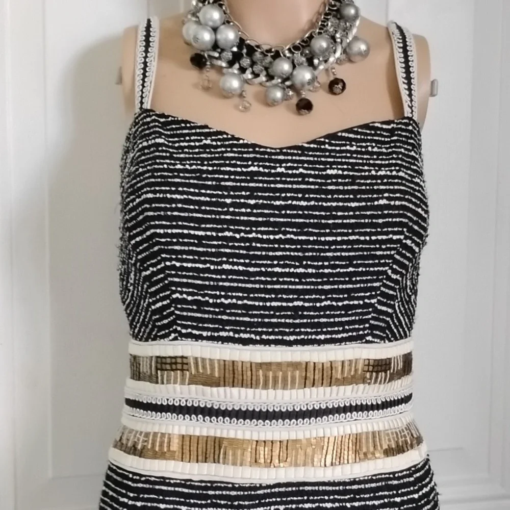 Escada 10 40 Black Gold Cream Tweed Boucle Striped Midi Dress - Picture 2 of 4